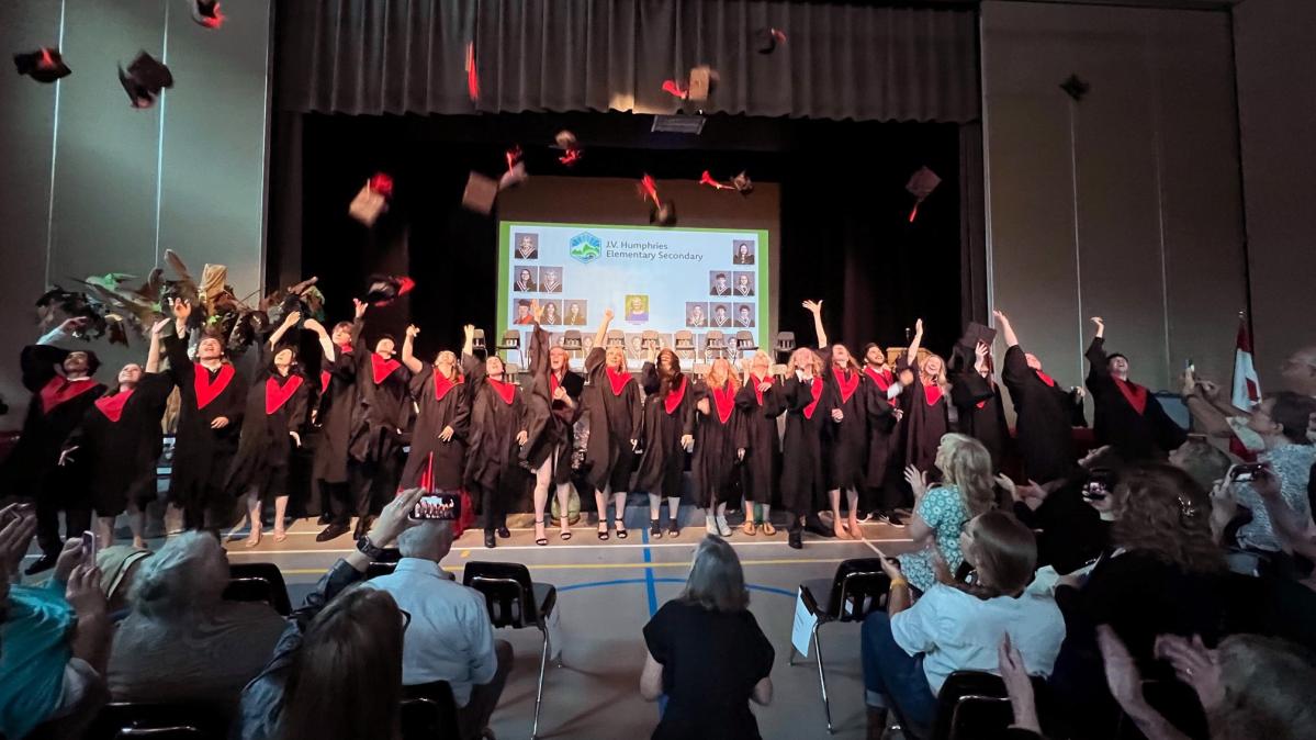 High school graduates on a stage throw their caps in the air with family and friends cheering in the audience in the foreground.