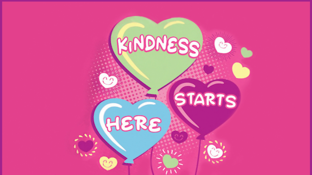 A hot pink graphic with heart-shaped balloons that say, "kindness starts here."