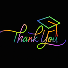 The words, "thank you" in rainbow script font on a black background with a grad cap over the "you"