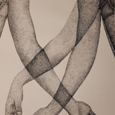 Ink drawing on paper showing transparent arms of two people crossing the other
